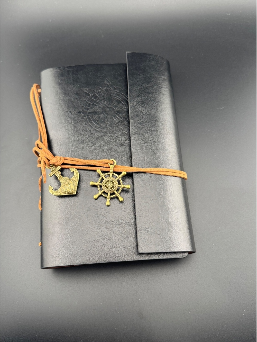 Black Leather Nautical Charm Ring Binder Journal Notebook